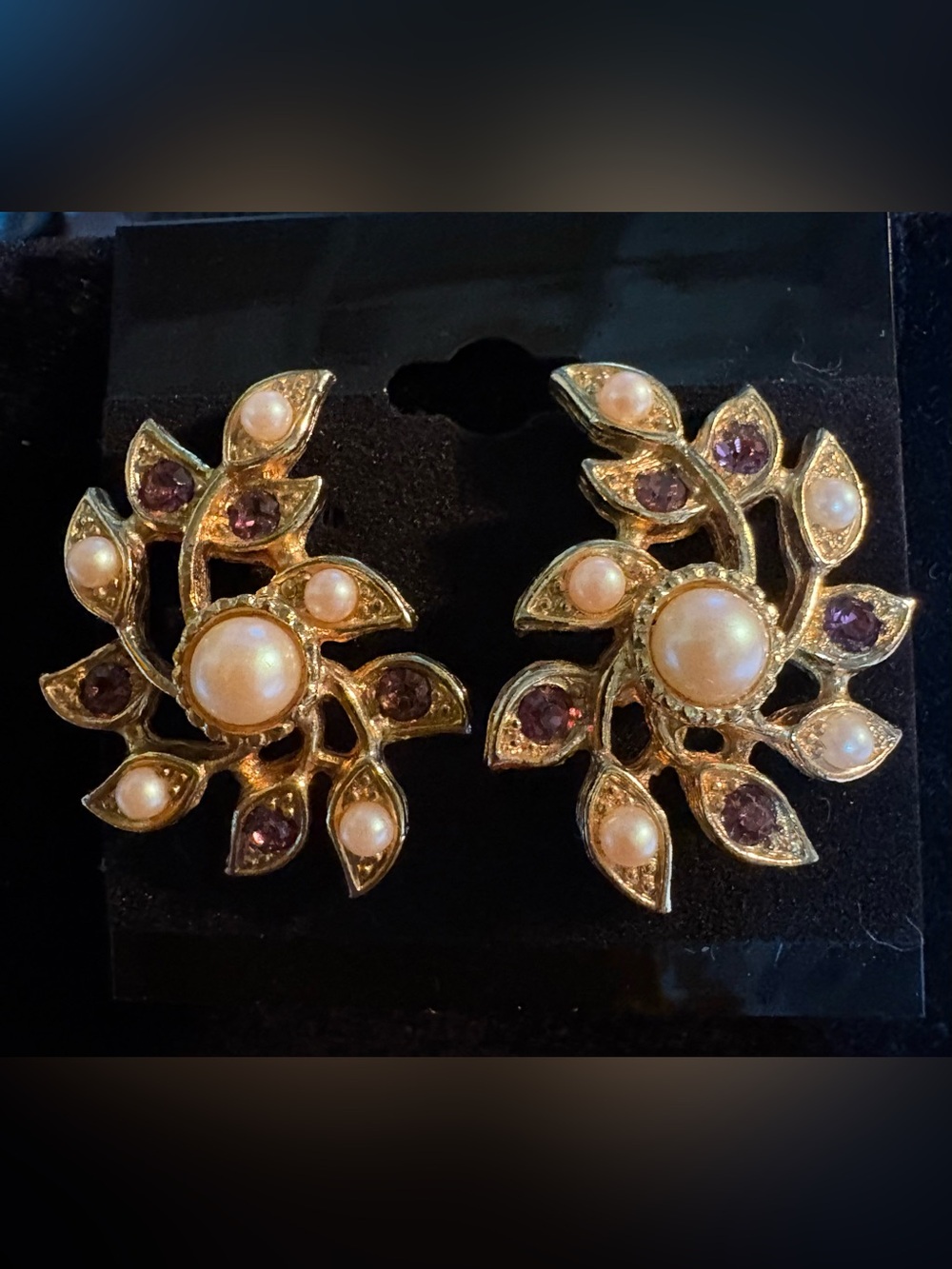 Sarah Coventry Gold-Tone Pearl and Purple Crystal Floral Clip Earrings